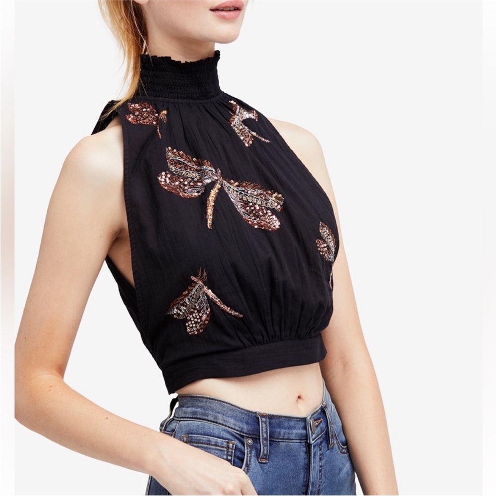 FREE PEOPLE The Garden EMBROIDERED DRAGONFLY BLACK TOP! Sequins Summer Open Back